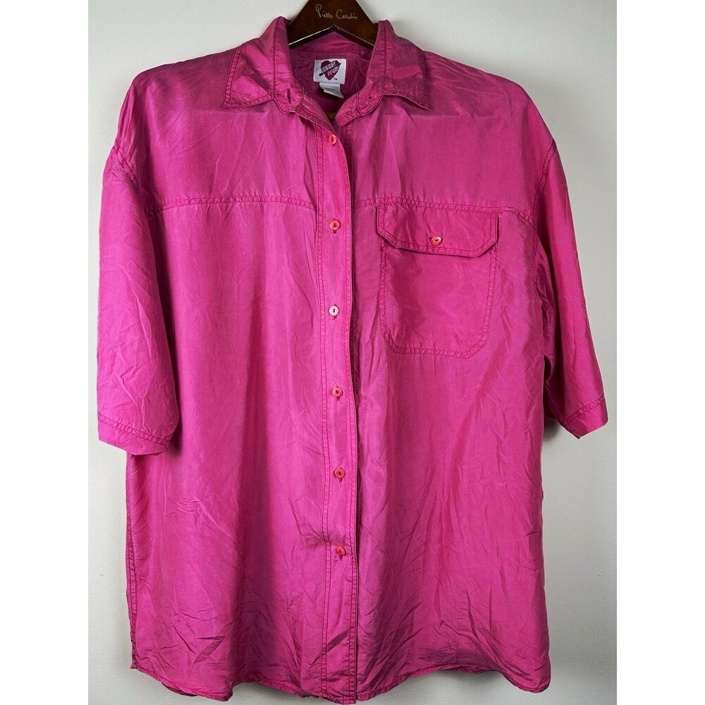VTG 90s Keren Hart 100% Silk Blouse M Fuchsia Pink Oversized Short Sleeve Button
